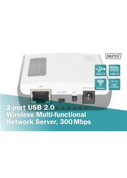 Serwer sieciowy DIGITUS wielofunkcyjny, bezprzewodowy 2-portowy, USB 2.0, 300Mbps-964457