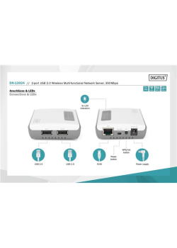 Serwer sieciowy DIGITUS wielofunkcyjny, bezprzewodowy 2-portowy, USB 2.0, 300Mbps-964455